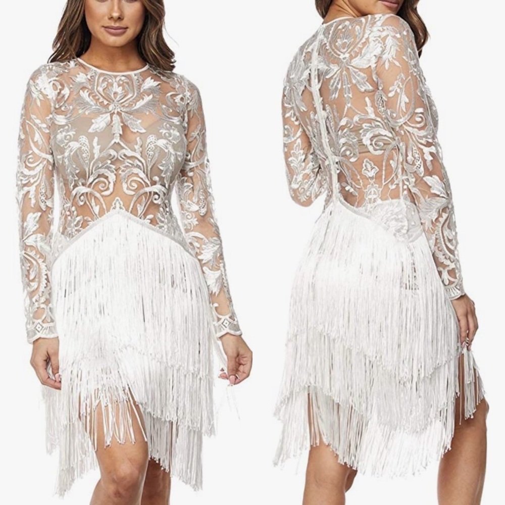 Banjul Womens Lace Fringe White Mini Dress Wedding Bachelorette Engagement Party
